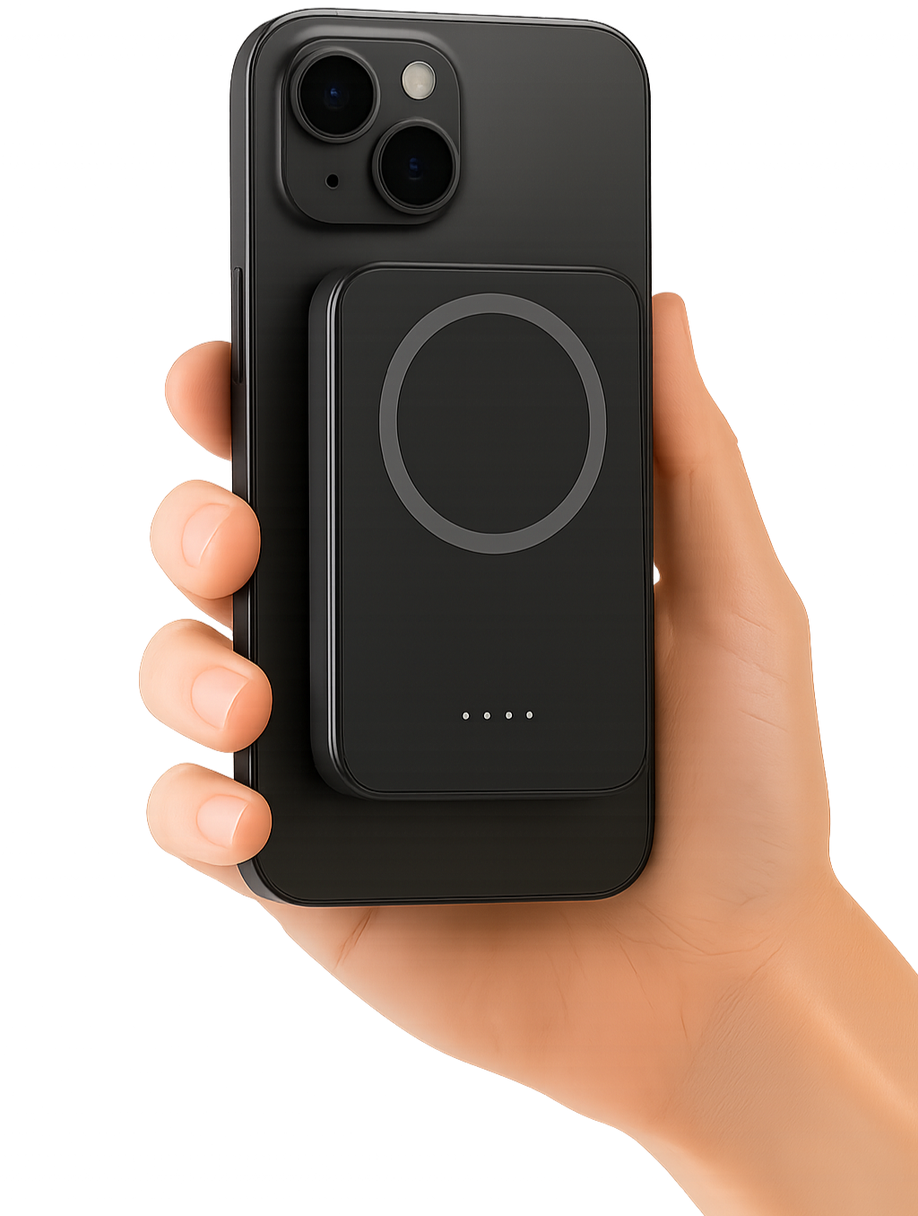 Hand holding a black phone case with a magnetic design on a white background
